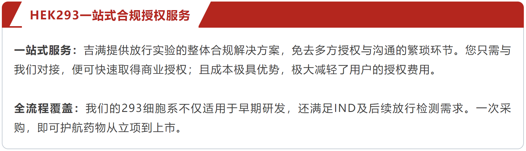 HEK293一站式合规授权服务    一站式服务：吉满提供放行实验的整体合规解决方案，免去多方授权与沟通的繁琐环节。您只需与我们对接，便可快速取得商业授权；且成本极具优势，极大减轻了用户的授权费用。  全流程覆盖：我们的293细胞系不仅适用于早期研发，还满足IND及后续放行检测需求。一次采购，即可护航药物从立项到上市。